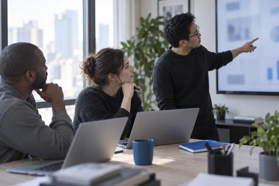 A team comparing results on a wall screen